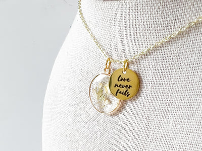Love Never Fails Dried Flower Gold Necklace