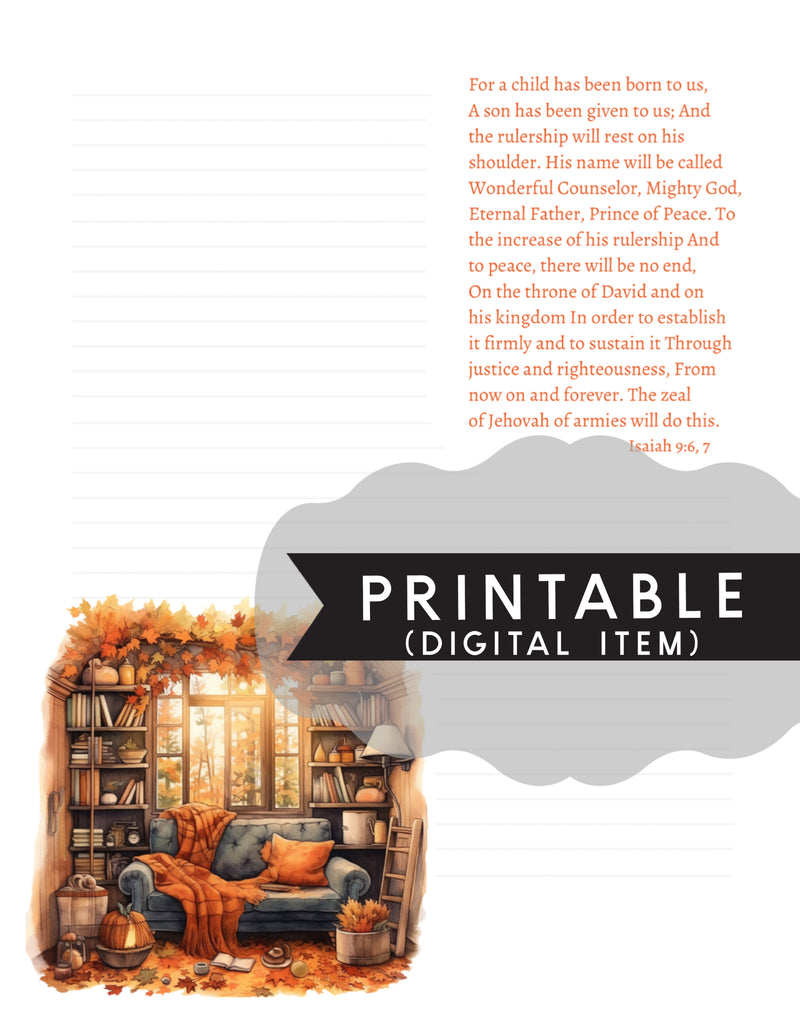 Autumn Reading Nook Isaiah 9:6,7 Letter Writing Printable