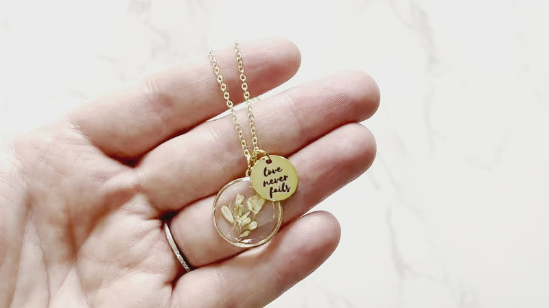 Love Never Fails Dried Flower Gold Necklace