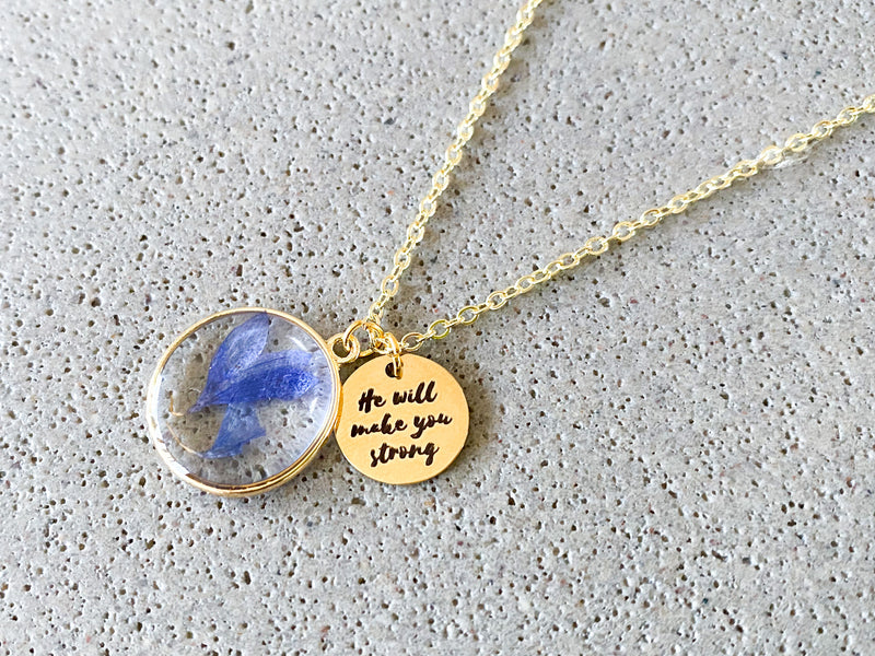 He Will Make You Strong Dried Flower Gold Necklace