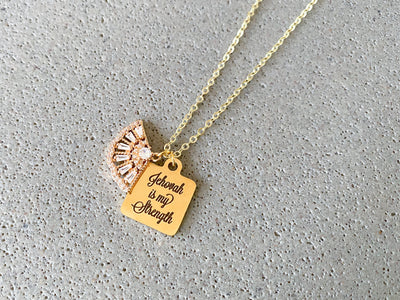 Jehovah is my Strength Rhinestone Fan Gold Necklace