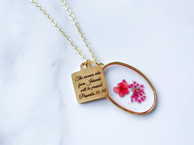The Woman Who Fears Jehovah Will Be Praised Dried Flower Gold Necklace