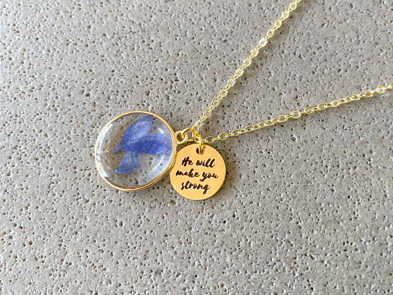 He Will Make You Strong Dried Flower Gold Necklace