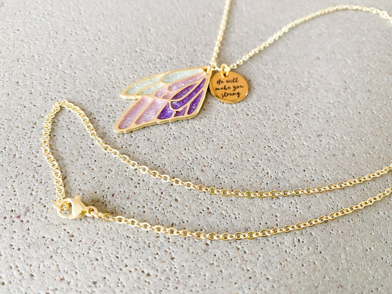 He Will Make You Strong Butterfly Wing Gold Necklace