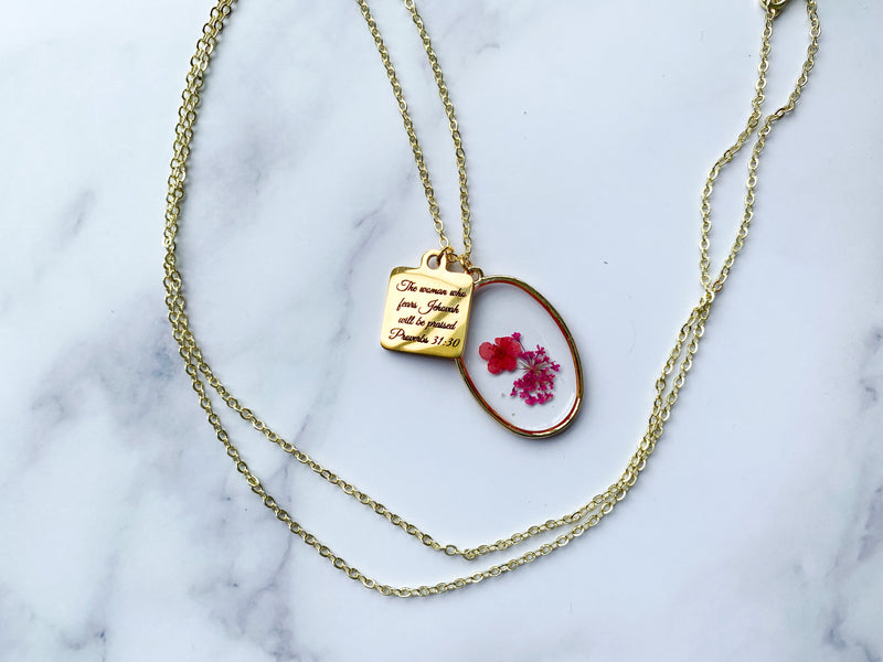 The Woman Who Fears Jehovah Will Be Praised Dried Flower Gold Necklace
